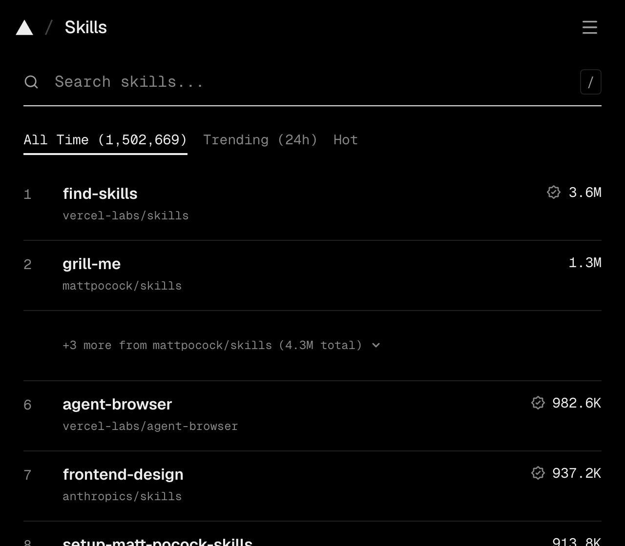 טבלת הסקילים ב-skills.sh - find-skills במקום הראשון