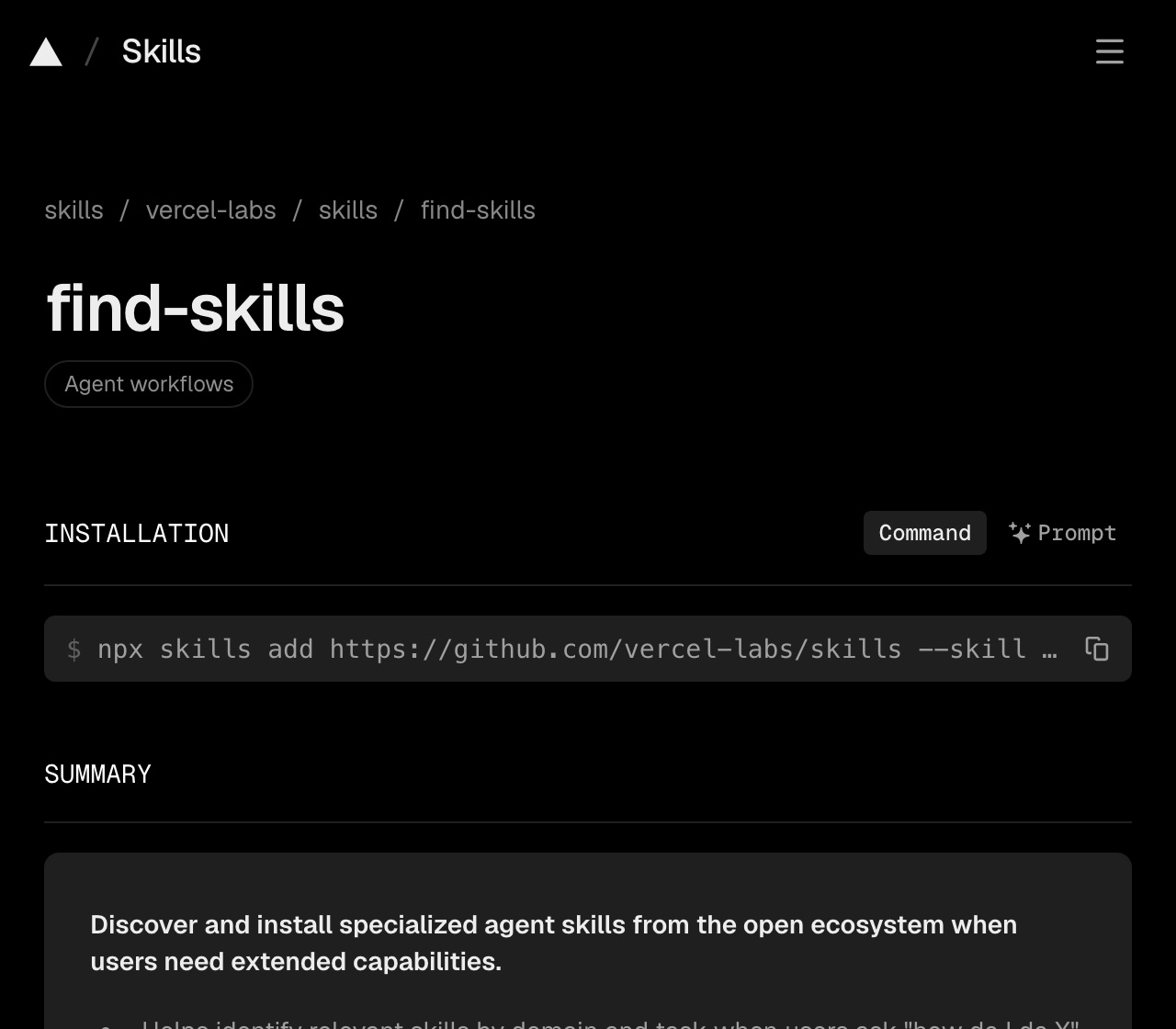 הדף של find-skills ב-skills.sh עם פקודת ההתקנה